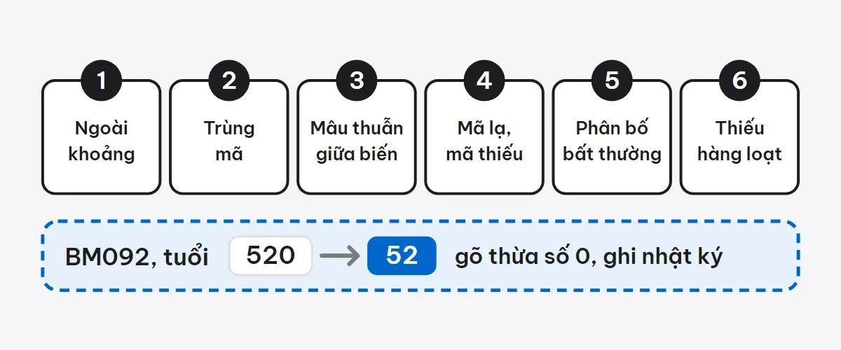 Sáu thẻ đánh số 1 đến 6: ngoài khoảng, trùng mã, mâu thuẫn giữa biến, mã lạ mã thiếu, phân bố bất thường, thiếu hàng loạt; bên dưới là một dòng nhật ký sửa tuổi 520 thành 52 vì gõ thừa số 0.